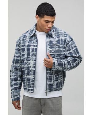BoohooMAN Boxy Fit Textured Jacquard Harrington Jacket - Blue