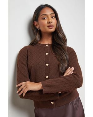 Oasis Heart Button Crew Neck Cardigan - Brown