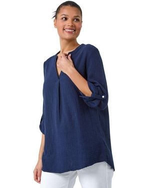 Roman V-Neck Pleat Detail Cotton Top - Blue