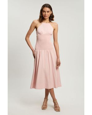 Karen Millen Shirred V Neck Trim Detail Woven Midi Dress - Pink