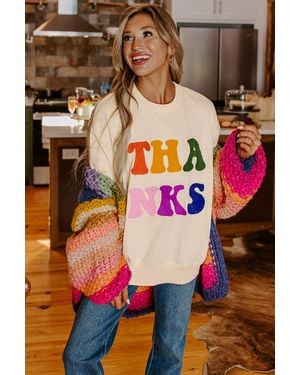 Azura Exchange Apricot Thanks Chenille Embroidered Drop Shoulder Graphic Sweatshirt - Pink