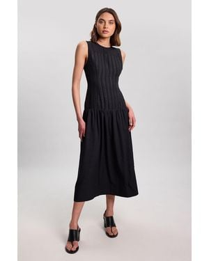 Karen Millen Textured Drop Waist Long Sleeve Woven Midi Dress - Black