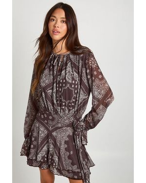 Boohoo Paisley Printed Mesh Pleated Skater Dress - Brown