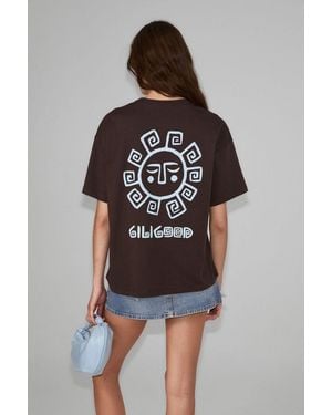 Grimelange Oversized Crew Neck Logo T-Shirt - Brown