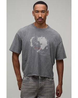 BoohooMAN Oversized Shrunken Distressed Grunge Print Vintage Washed T-Shirt - Grey