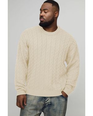 BoohooMAN Plus Basic Boxy Fit Cable Knitted Jumper - Natural