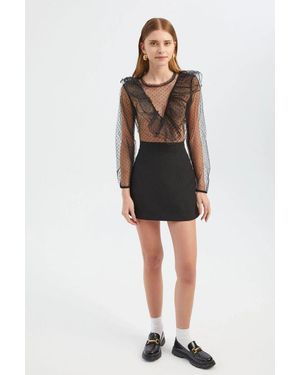 Hiccup Polka Dot Round Neck Mesh Ruffled Long Sleeve Blouse - Black