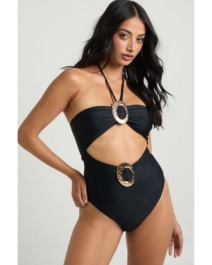 Boohoo Trim Cut Out Detail Bandeau Swimsuit - Black