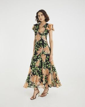 River Island Midi Dress Floral Flutter Sleeve - Metallic