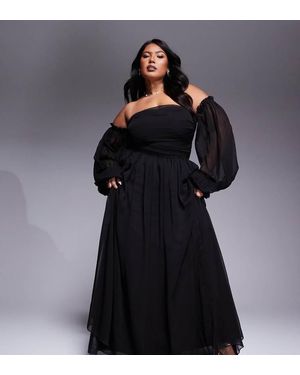 Lace & Beads Plus Off Shoulder Balloon Sleeve Maxi Dress - Blue
