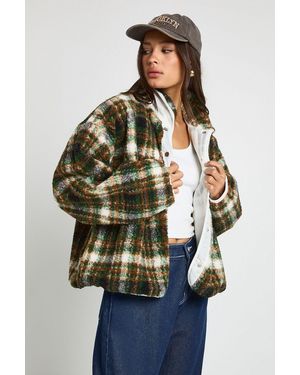 Boohoo Check Print Boxy Teddy Jacket - Blue