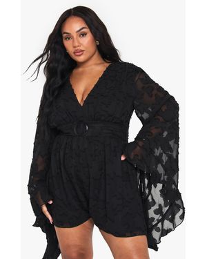 Boohoo Plus Textured Flare Sleeve Romper - Black
