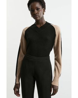 Karen Millen Cashmere Wool Knit High Neck Colour Block Jumper - Black