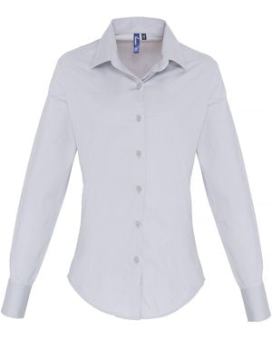 PREMIER Ladies Stretch Fit Poplin Long Sleeve Blouse - Blue