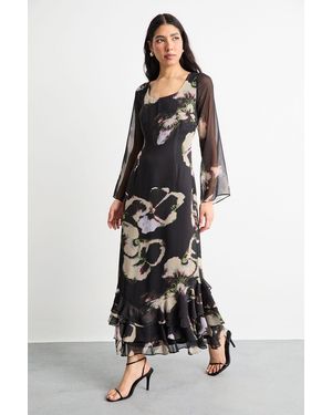 Warehouse Printed Scoop Neck Ruffle Hem Midi Dress - White