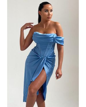Femme Luxe Off The Shoulder High Split Corset Midi Dress - Blue