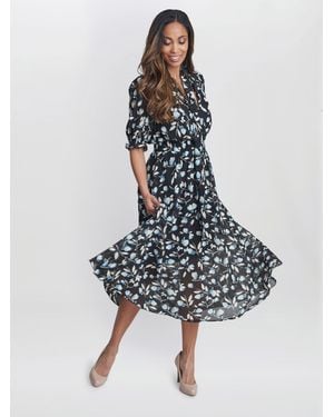 Gina Bacconi Mimi Godet Pussy Bow Dress - Blue