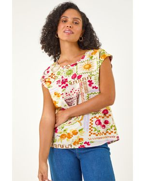 Roman Fruit Print Shell Top - Orange