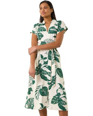 Roman Leaf Print Belted Shirt Midi Dress - Green