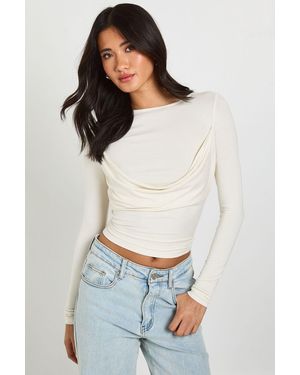 Boohoo Drape Panel Long Sleeve Top - White