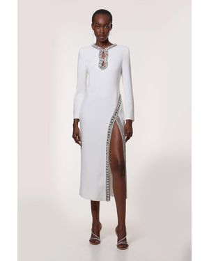Karen Millen Cut Out Crystal Embellished Woven Maxi Dress - Natural