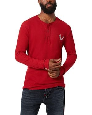 TRUE RELIGION T Shirts Ribbed Henley Long Sleeve Summer Cotton Tee - Red