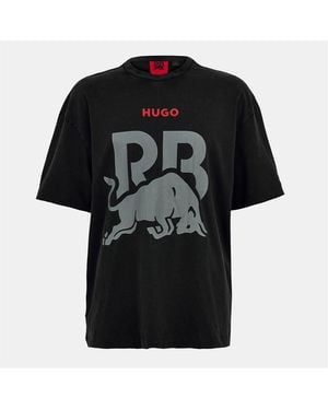 HUGO Graphic Crew Neck Ribbed Collar Oversize T-Shirt - Black