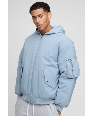 BoohooMAN Oversized Fit Pu Applique Nylon Hooded Bomber Jacket - Blue