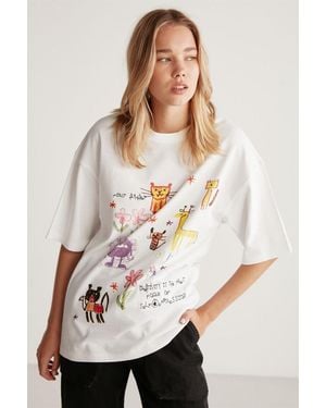 Grimelange Oversized Printed Embroidered T-Shirt - White