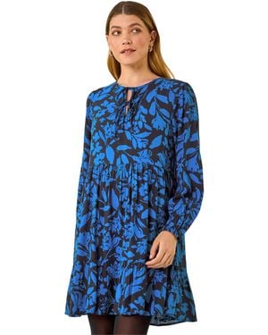 Roman Floral Print Tie Front Smock Dress - Blue