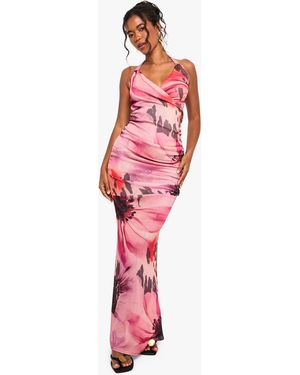 Boohoo Floral Halterneck Cowl Maxi Dress - Red