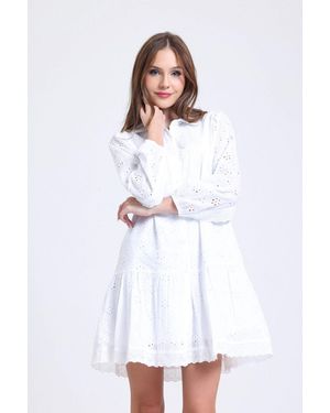 Hiccup Woven Collar Long Sleeve Mini Shirt Dress - White