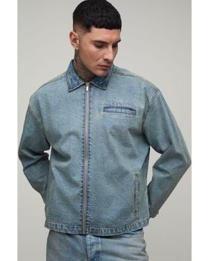 BoohooMAN Tall Basic Boxy Denim Harrington Jacket - Blue