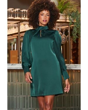 Sosandar Emerald Satin Twist Neck Detail Shift Dress - Green