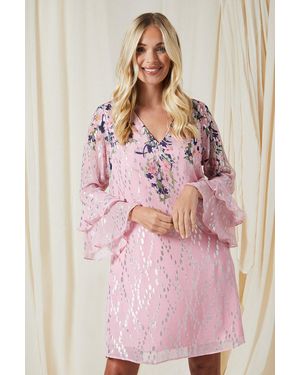 Wallis Petite Floral Metallic Ruffle Sleeve Shift Dress - Pink