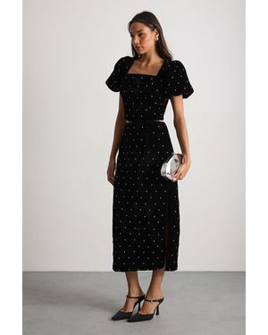 Warehouse Velvet Embellished Pencil Midi Skirt - Black