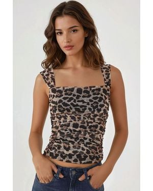 Hiccup Leopard Print Square Collar Slim Fit Top - Black