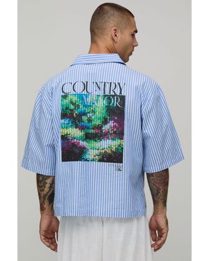BoohooMAN Oversized Short Sleeve Poplin Stripe Polo Shirt - Blue