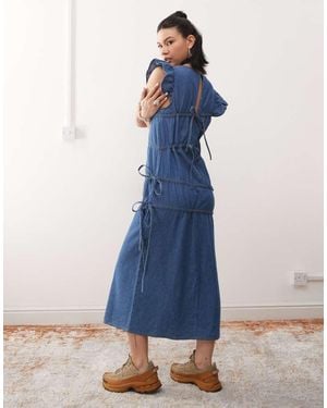 Reclaimed Vintage Denim Maxi Dress With Asymmetric Ruching - Blue