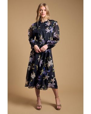 Oasis Floral Organza Shirred Waist Midi Dress - Blue