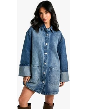 Boohoo Petite Utility Turn Cuff Denim Oversized Shirt Dress - Blue