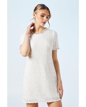 Oasis Sequin Bridal Shift Dress With Diamante Trim Detail - White