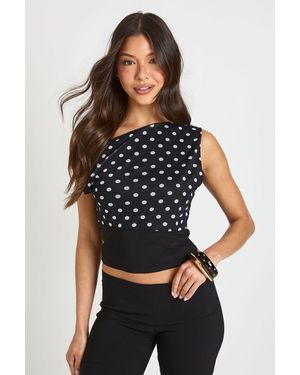 Boohoo Mesh Off Shoulder Deep Waistband Polka Dot Top - Black