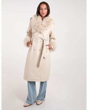 Blue Vanilla Faux Fur Trim Double Breasted Pu Coat - Natural