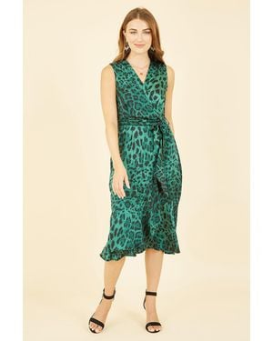 Mela London Animal Print Satin Wrap Midi Dress - Green