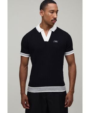 BoohooMAN Boxy Cable Embroidered Knitted Polo - Black