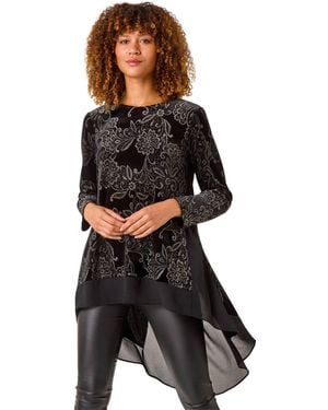 Roman Velvet Chiffon Hem Tunic - Black