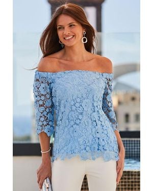 Sosandar Pastel Luxe Lace Bardot Top - Blue
