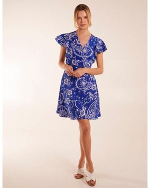 Blue Vanilla Frill Sleeve Wrap Belted Mini Dress - Blue