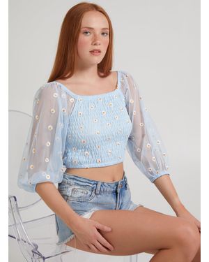 Pink Vanilla Mesh Daisy Embroidery Crop Top - Grey